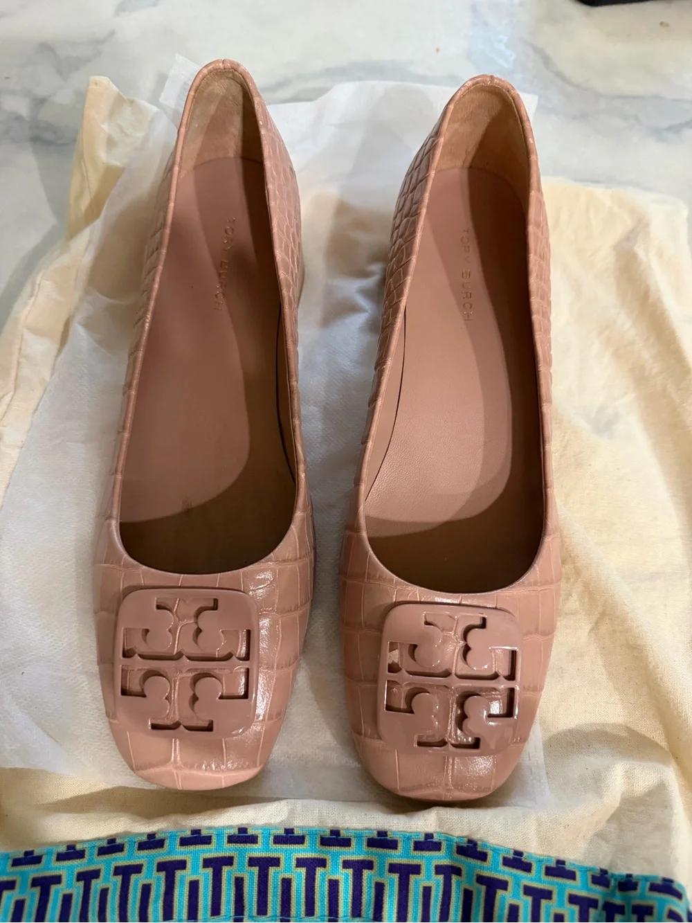 Tory Burch Blush Quilted Leather Ballet Flats with Logo Plaque